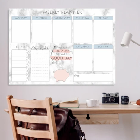 Magnetic dry-erase weekly planner 413 - Office setup with light-colored walls and wooden furniture.
