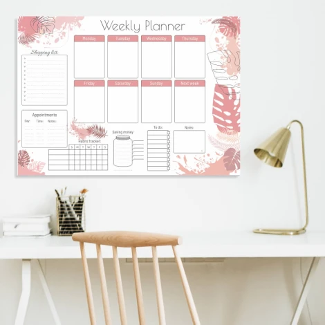 Magnetic dry-erase weekly planner 415 - Graphic design with leaves and pastel spots, spaces for each day.
