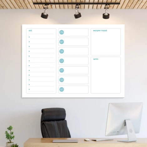 Magnetic dry-erase planner board 291 - Office setup with light-colored walls and wooden ceiling elements.