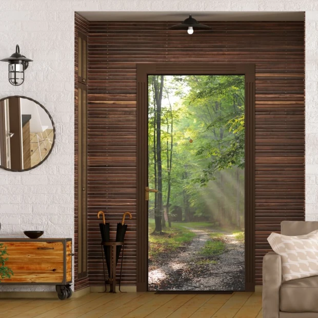 Forest door wallpaper P87 - Living room setup with light walls, wooden accents, and natural light.