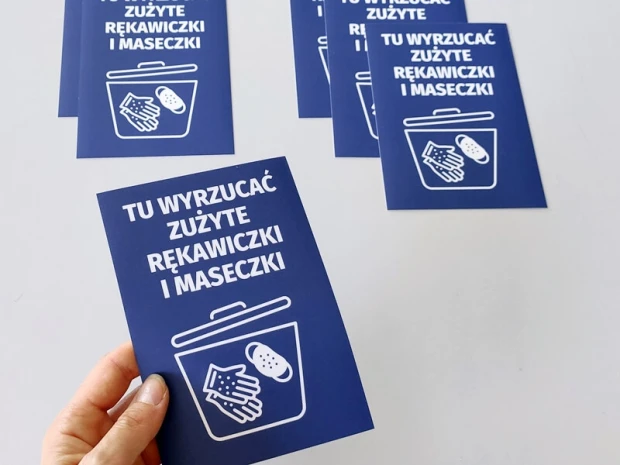 Sticker for disposing of used gloves and masks - Graphic design featuring a trash bin with hands.