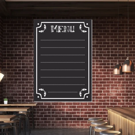 Chalkboard menu 002 - Restaurant decor with dark brick and wooden furniture.