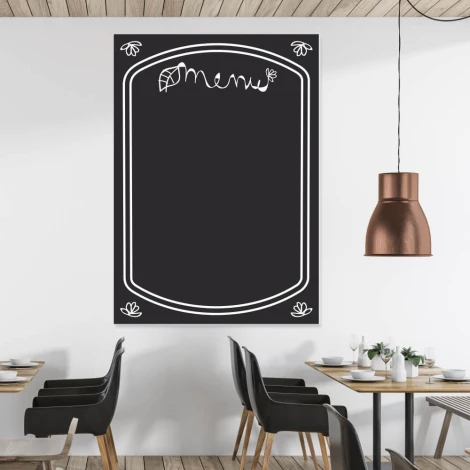 Chalkboard menu 003 - Restaurant decor with light-colored walls and wooden furniture.