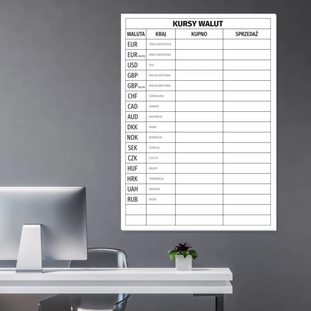 Magnetic dry-erase currency exchange board 481 - Simple table with columns for currency, country, and purchase price.