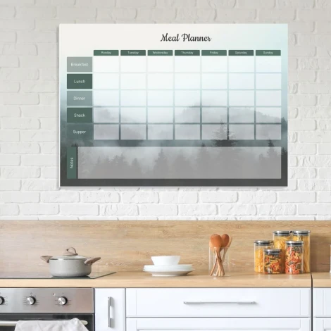 Magnetic dry-erase meal planner board 480 - Kitchen decor with light-colored walls and wooden furniture.