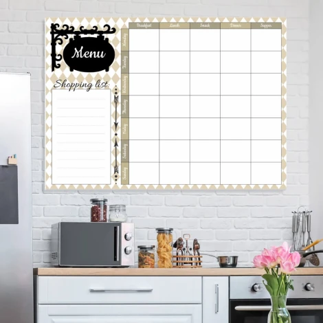 Magnetic dry-erase menu board 431 - Kitchen arrangement with light walls and gray furniture.