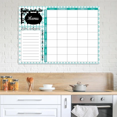 Magnetic dry-erase menu board 432 - Kitchen setup with white walls and wooden furniture accents.