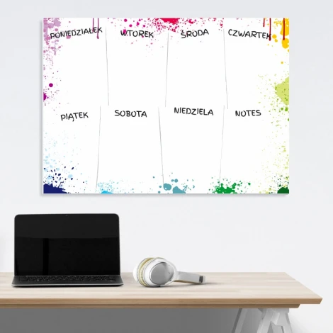 Weekly planner magnetic whiteboard 418 - Features colorful spots and text on a white background.