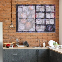 Magnetic dry-erase weekly planner in plum, perfect for kitchen decor with brick-colored walls and furniture.