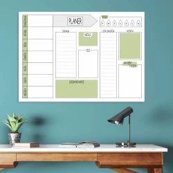 Magnetic dry-erase board planner 412 - Office setup with light walls, wooden desk, and desk lamp.