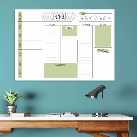 Magnetic dry-erase board planner 412 - Office setup with light walls, wooden desk, and desk lamp.
