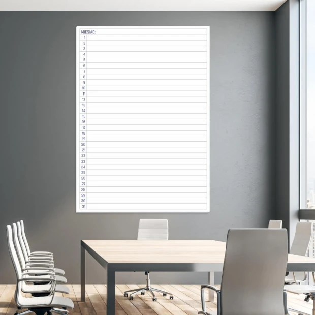 Dry-erase magnetic monthly planner board 371 - Office setup with gray walls and a wooden table.
