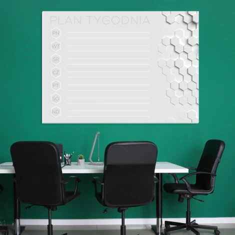 Magnetic whiteboard weekly planner 424 - Office setup with green walls and simple furniture.