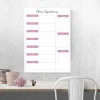 Weekly planner whiteboard with a graphic design. White background with pink stripes and sections.