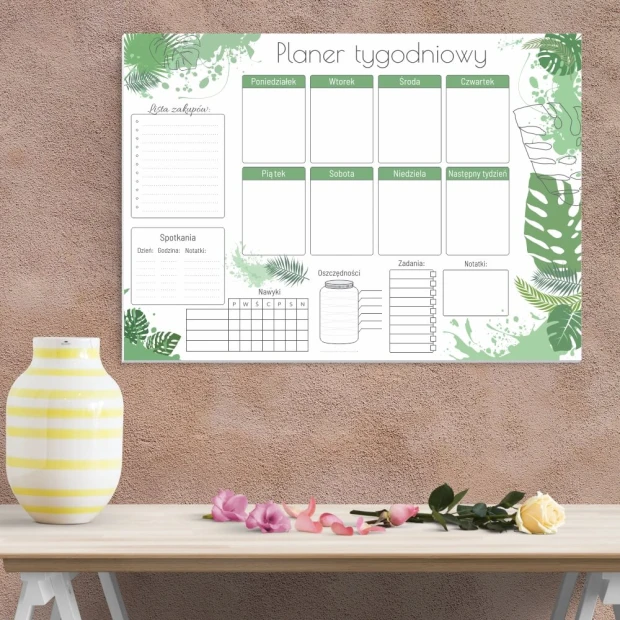 Weekly planner dry-erase magnetic board 416 - Styled in a room with beige walls and a vase on the table.