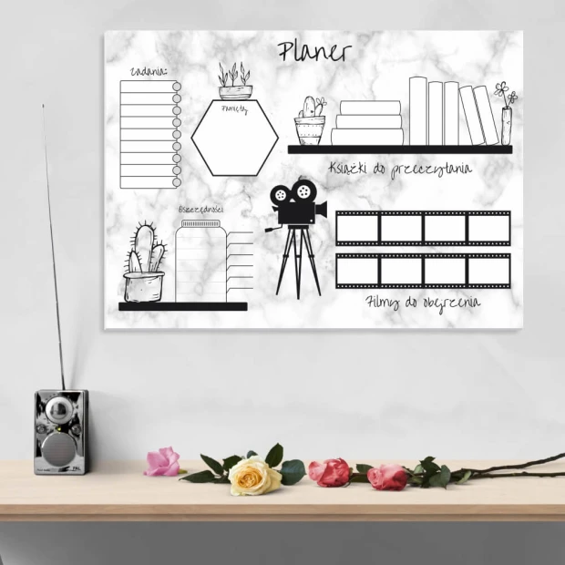 Weekly planner magnetic whiteboard 422 - Graphic design featuring various sections, including a hexagon.
