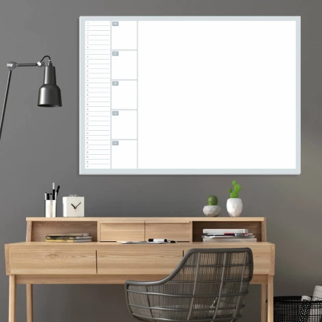 Weekly planner dry-erase magnetic board 506 - Office setup with gray-beige walls and wooden accents.