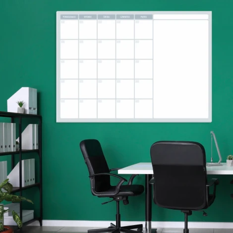 Weekly planner dry-erase magnetic board 509 - Office setup with green walls and furniture in shades.