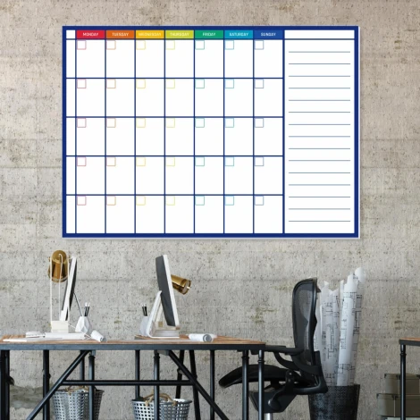 Magnetic dry-erase weekly planner board in English, ideal for office decor. Walls in shade.