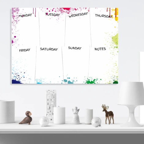 Magnetic dry-erase weekly planner 417 - Graphic design with colorful splashes, days of the week, and space for notes.