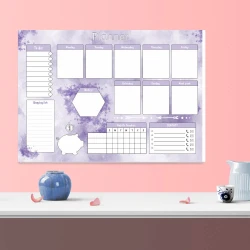 Magnetic dry-erase weekly planner 419 - Graphic design in shades of purple with space for notes.