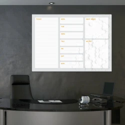 Magnetic dry-erase board Weekly planner 427 - Office setup with gray walls and modern furniture.