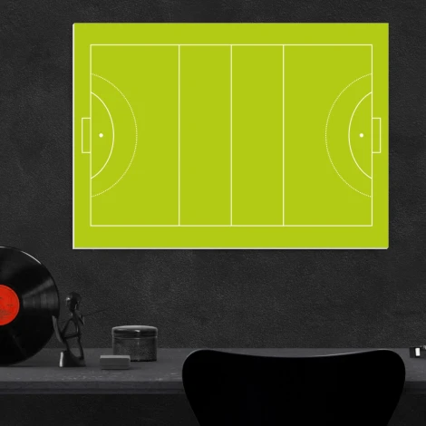 Tactical dry-erase coaching board 185 for field hockey - Graphic design. Green surface with field outlines.