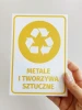 Recycling sign for bins - Graphic design. Yellow recycling icon on a white background with bold text.