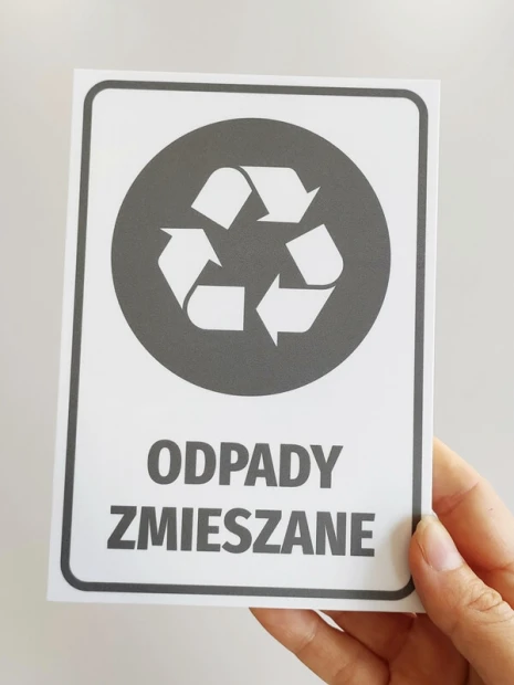 Mixed Waste Bin Sign - Graphic Design. Round recycling symbol with arrows and text.