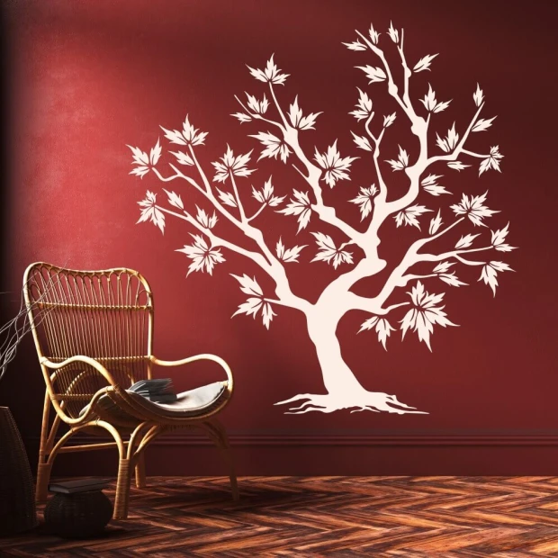 Sticker 03X 22 tree 1933 - Living room arrangement. Dark red wall with white tree and wicker chair.