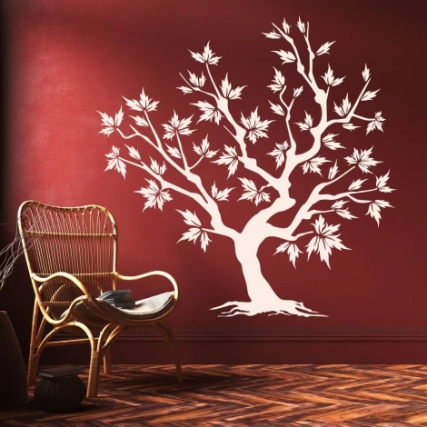 Sticker 03X 22 tree 1933 - Living room arrangement. Dark red wall with white tree and wicker chair.