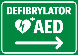 AED Defibrillator Sticker N560 - Green background with white text and heart symbol with lightning. Arrow included.