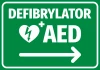 AED Defibrillator Sticker N560 - Green background with white text and heart symbol with lightning. Arrow included.