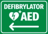 AED Defibrillator Sticker N561 - Graphic design. Green background with white text and heart symbol with lightning bolt.