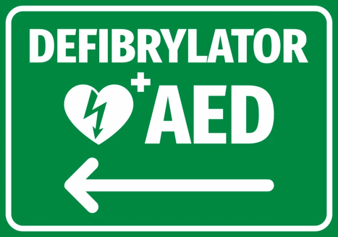 AED Defibrillator Sticker N561 - Graphic design. Green background with white text and heart symbol with lightning bolt.