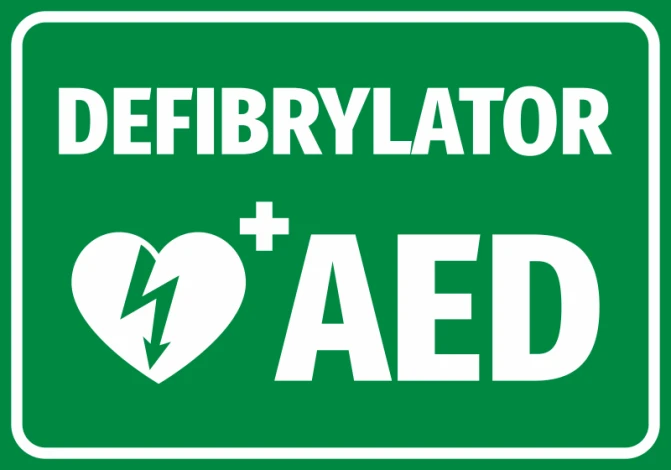 AED Defibrillator Sticker N562 - Graphic design with green background, white text, and heart symbol with lightning bolt.