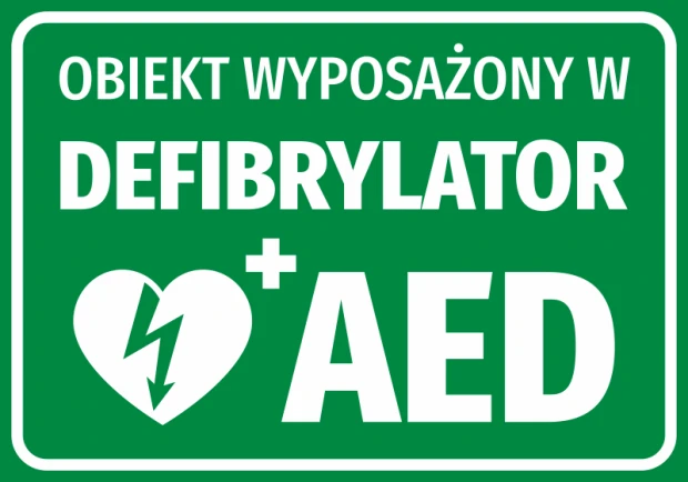 AED Defibrillator Equipped Sticker - Graphic Design. Green background with white text and heart symbol with lightning bolt.
