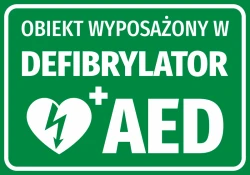 AED Defibrillator Equipped Sticker - Graphic Design. Green background with white text and heart symbol with lightning bolt.