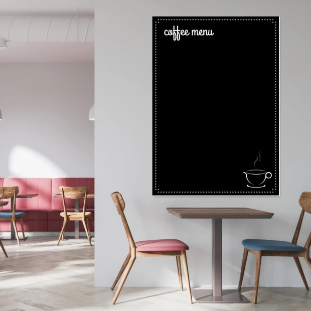 Chalkboard coffee menu 048 - Café decor with light-colored walls and furniture in shades of pink and blue.