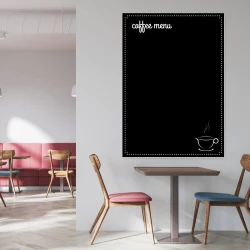 Chalkboard coffee menu 048 - Café decor with light-colored walls and furniture in shades of pink and blue.
