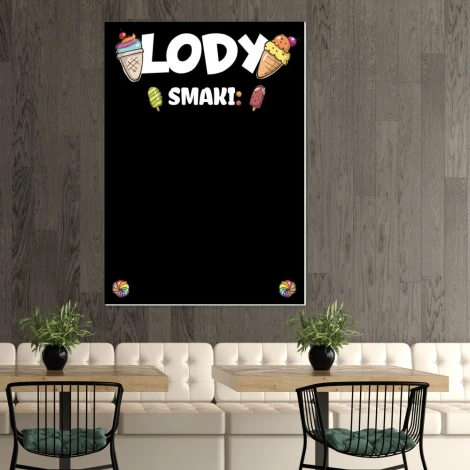 Chalkboard ice cream display 057 - Café decor with gray walls, light furniture, and plants.