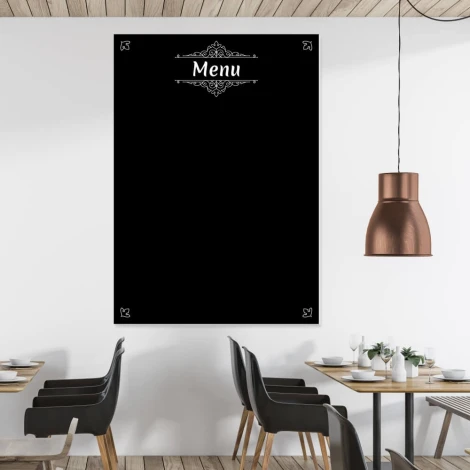Chalkboard menu 047 - Restaurant decor with light walls, wooden elements, and metal lamps.
