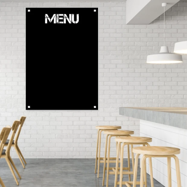 Chalkboard menu 050 - Cafe decor. White walls, gray floor, wooden chairs.