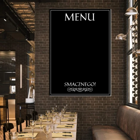 Chalkboard menu 066 - Restaurant decor with dark brick walls, wooden tables, and chairs.