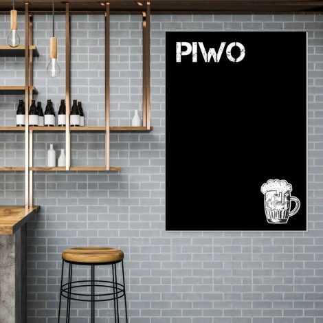 Chalkboard beer sign 052 - Bar setup with gray bricks, wooden shelves, and a bar stool.