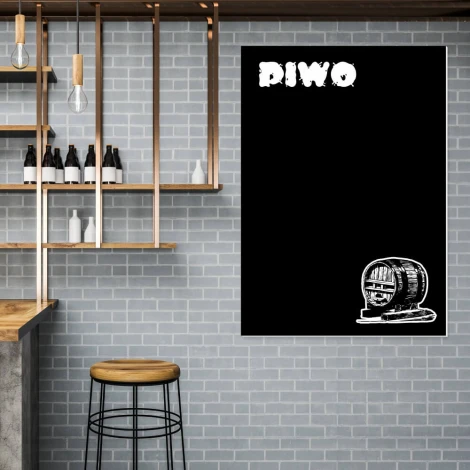 Chalkboard beer sign 053 - Bar setup with gray brick walls, wooden shelves, and stools.