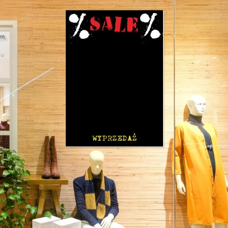 Chalkboard sale 065 - Store display with light wood walls, minimalist design.