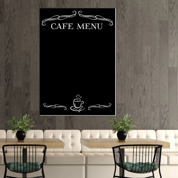 Chalkboard with cafe menu print 015 - Ideal for coffee shop decor. Brown-toned walls and light furniture.