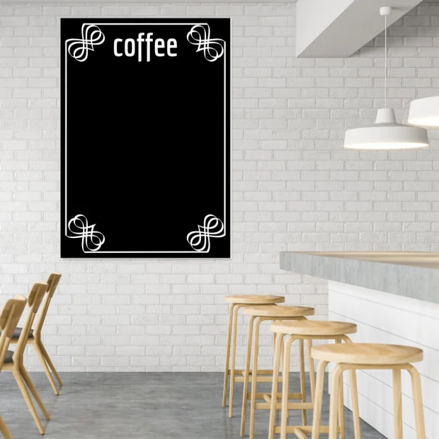 Chalkboard with coffee print 018 - Black rectangle with white stylized shapes in the corners.