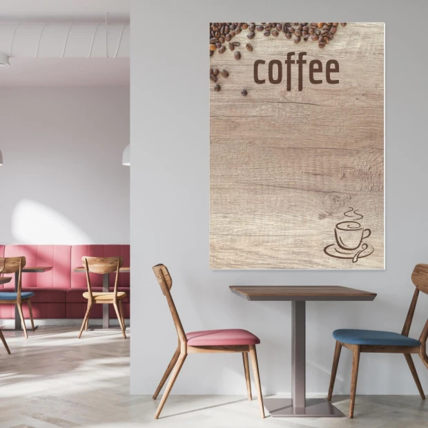 Chalkboard with coffee print 034 - Cafe decor. Light-colored walls and wooden furniture.